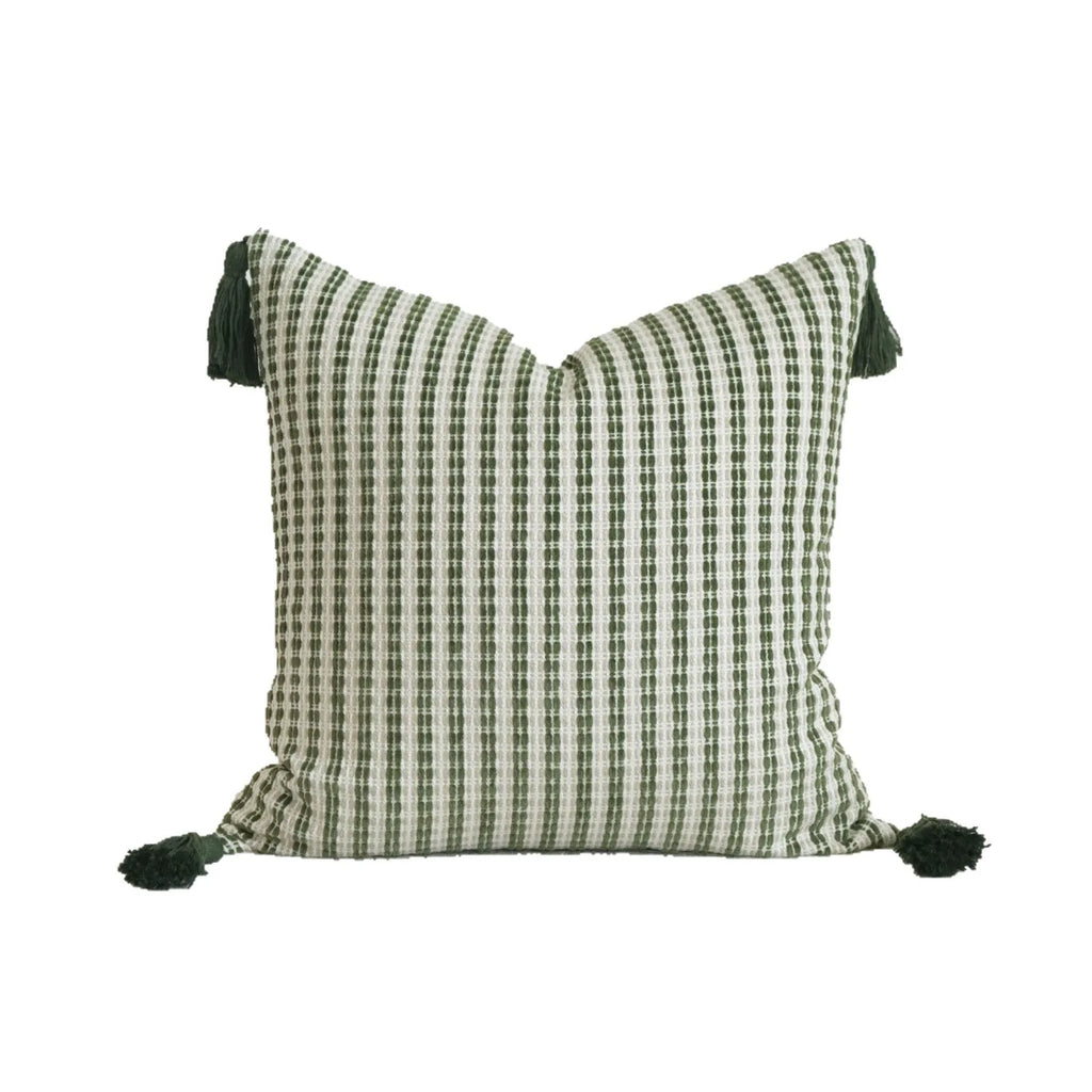 Green cotton and linen hotel sample pillow with silk floss filler in striped and botanical patterns