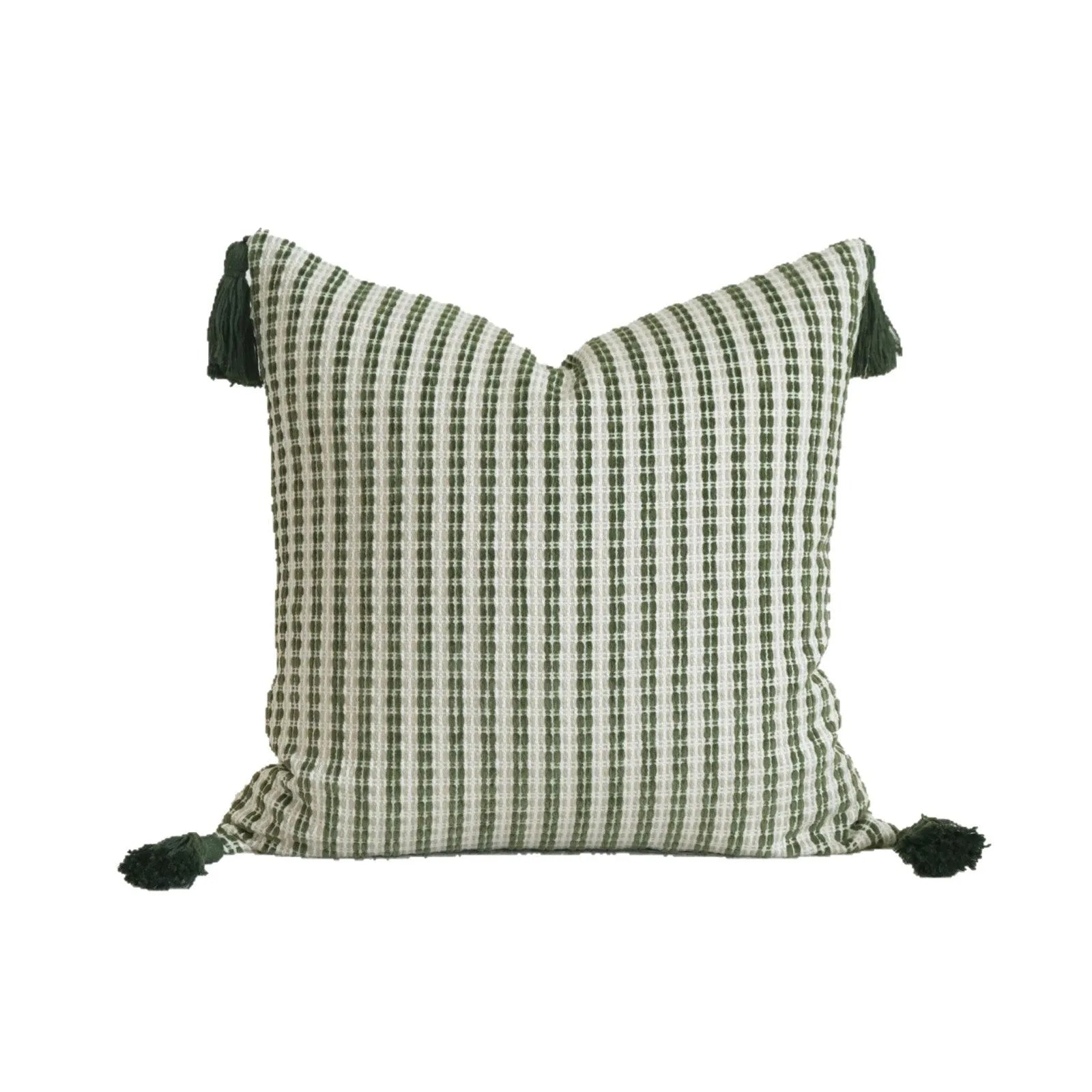 Green cotton and linen hotel sample pillow with silk floss filler in striped and botanical patterns