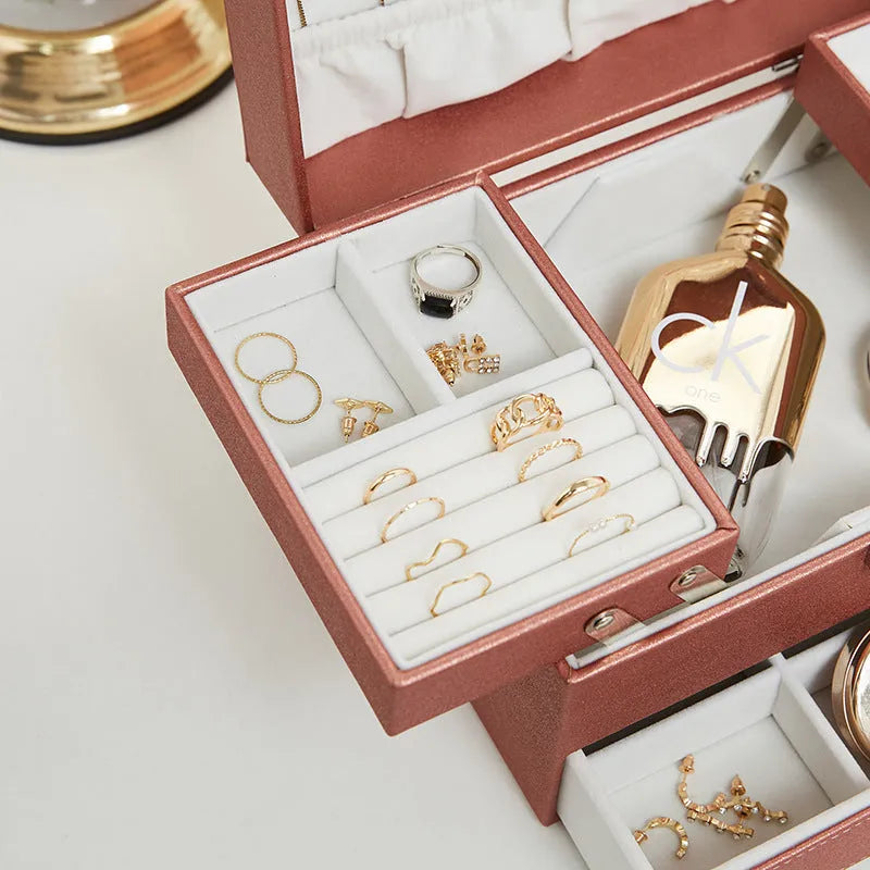 PU leather jewellery storage box in beige colour showing hard case construction and compact dimensions