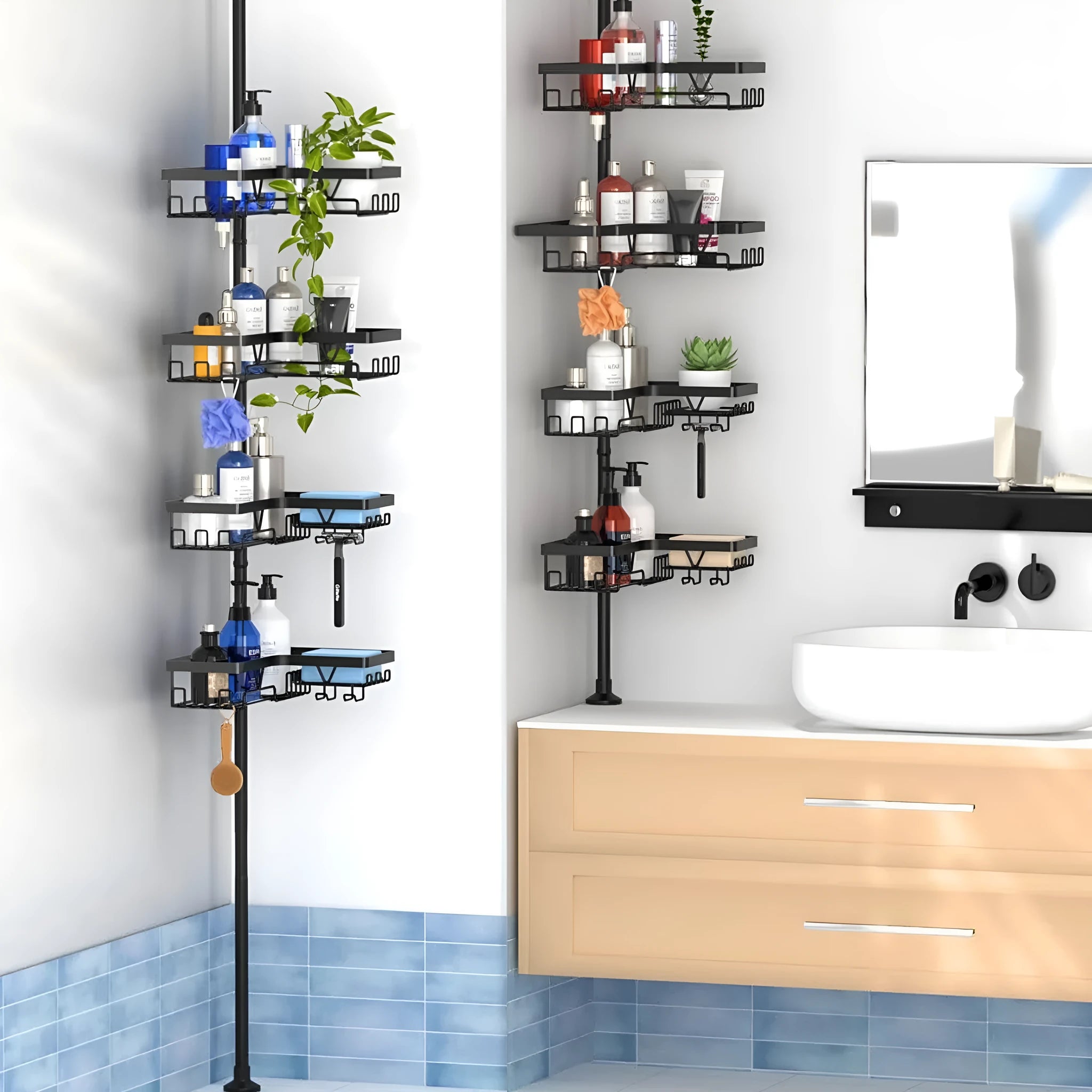 Four-layer stainless steel bathroom storage rack with retractable design and hole-free installation