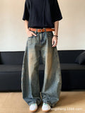 Men's retro blue distressed jeans with wide-leg cut and micro-elastic cotton blend fabric