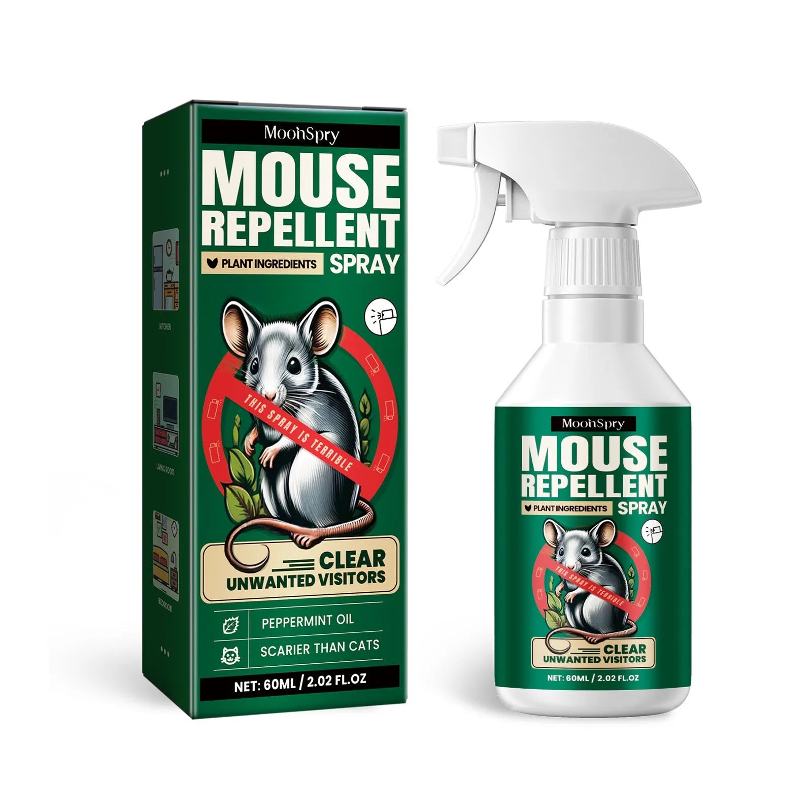 60ml bottle of natural rat repellent spray with essential oils for home and car use