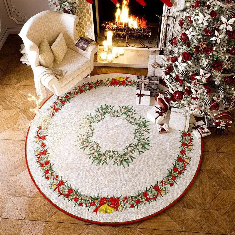 Round red Christmas polyester floor carpet with festive design and non-slip base