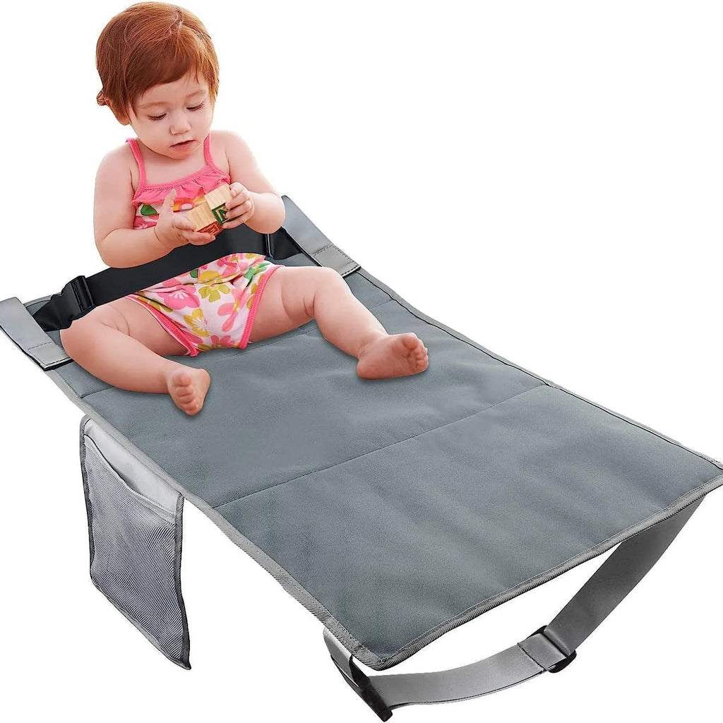 Blue portable children's aircraft pedal seat extender with matching drawstring bundle pocket for car booster seats