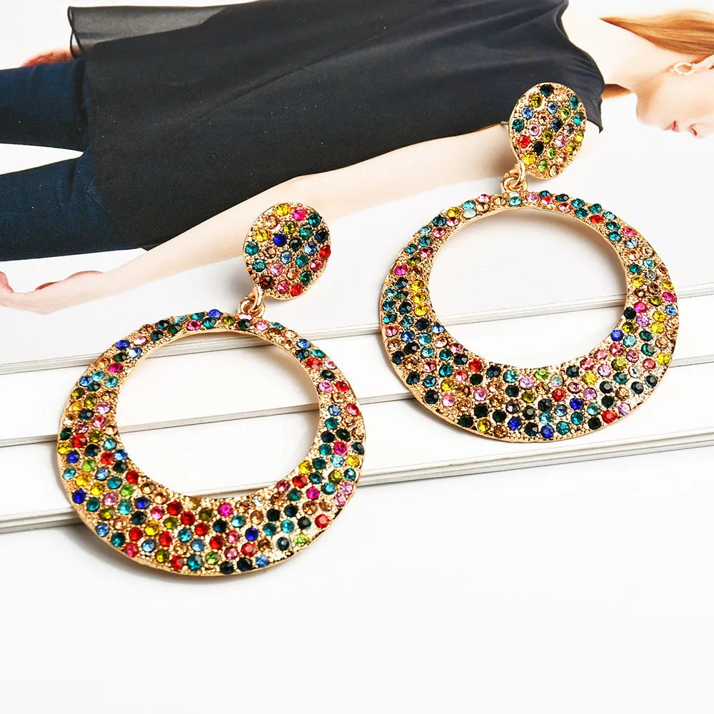 Women's metal alloy cartoon-style large pendant earrings with colourful diamond accents measuring 4-5cm