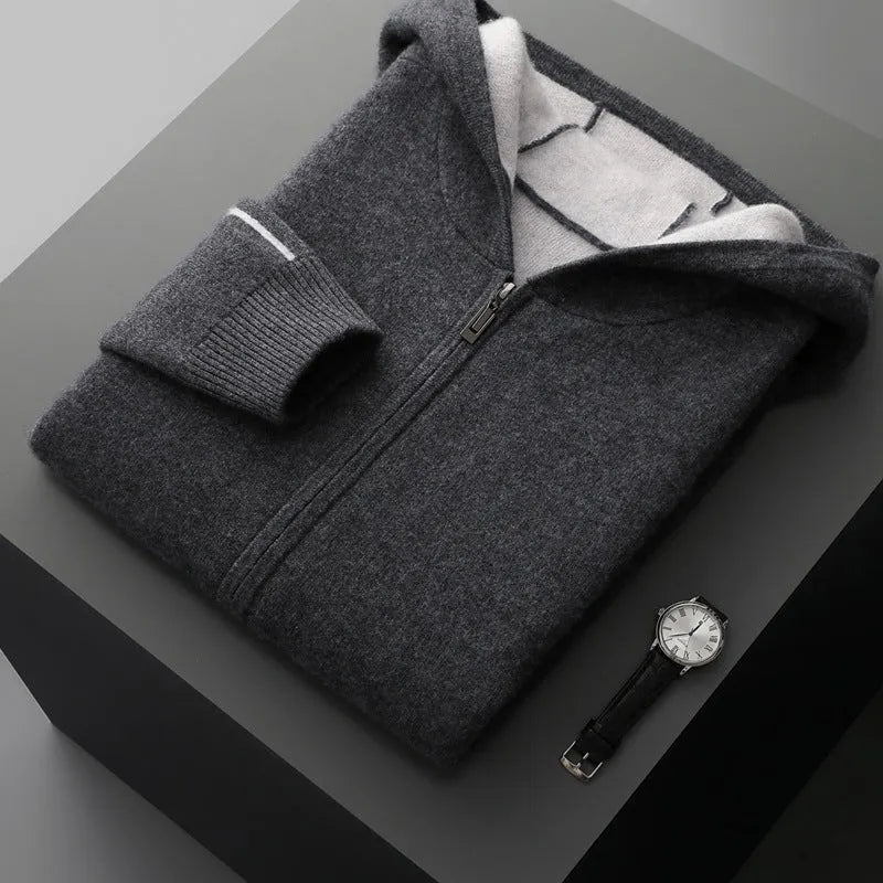 Men's dark blue cashmere cardigan sweater with half-high collar and full-length zipper