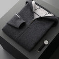 Men's dark blue cashmere cardigan sweater with half-high collar and full-length zipper