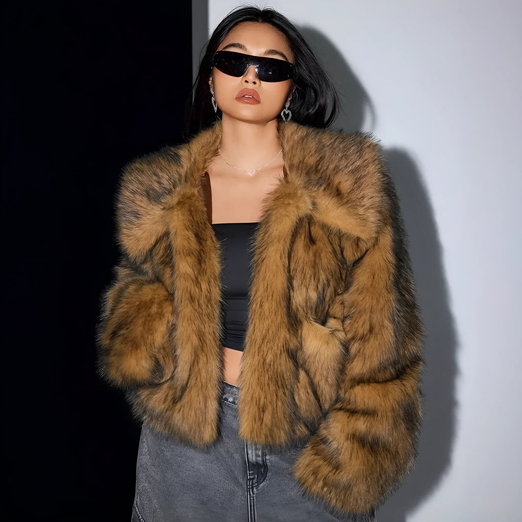 Women's short length artificial fur coat with a fur collar in a black tip on black background colour.