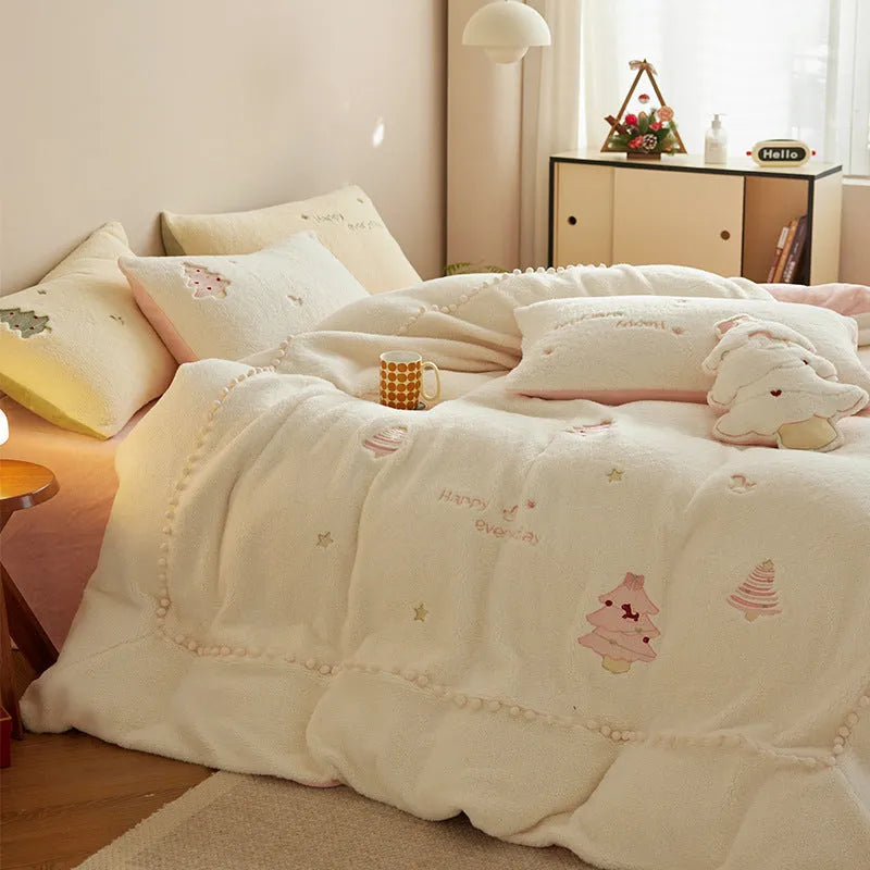 Winter milk fibre bedding four-piece set with Christmas tree pattern on quilt and pillowcases