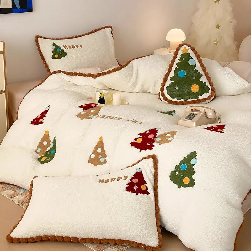 Bright yellow four-piece bedding set with embroidered cartoon winter Christmas tree pattern