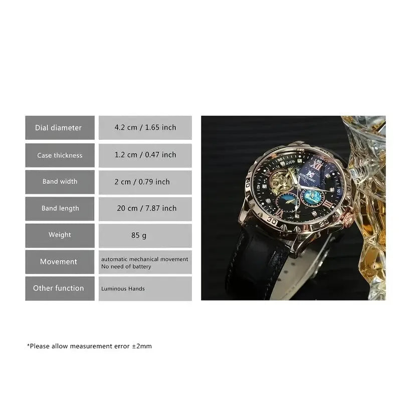 Men's automatic mechanical watch with hollow dial, rose gold case, black leather strap.