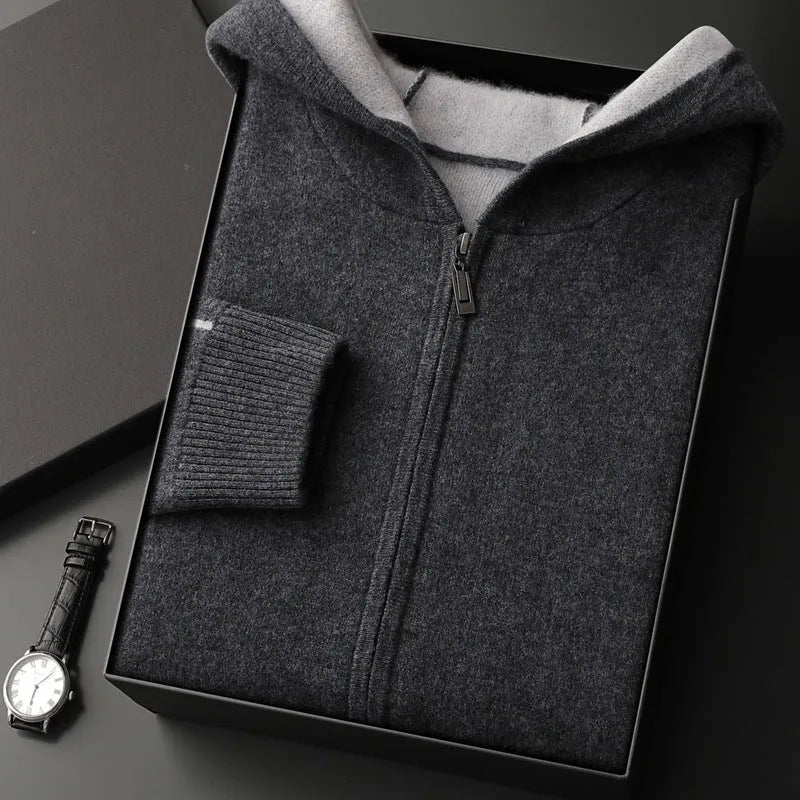 Men's dark blue cashmere cardigan sweater with half-high collar and full-length zipper