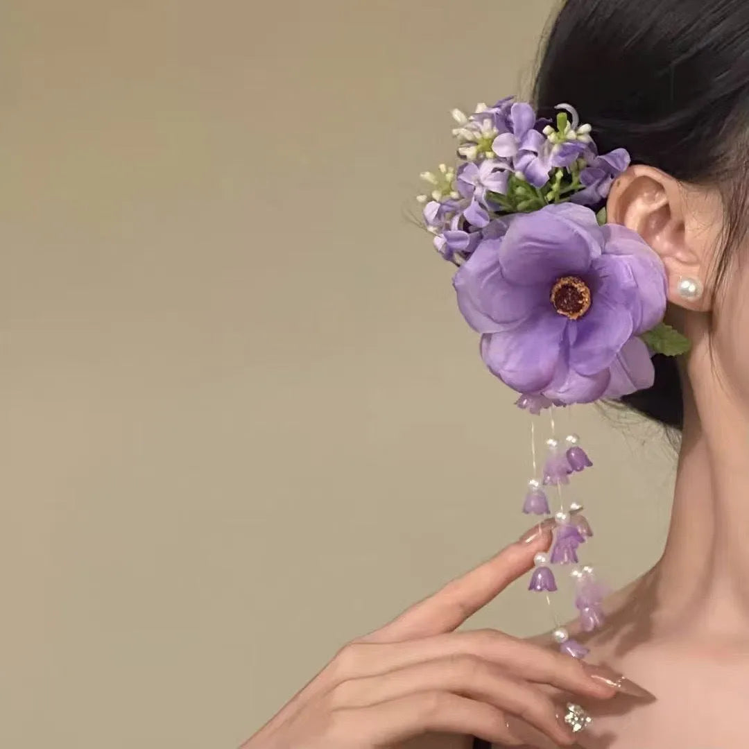 Linglan tassel side clip hair accessory with pearl and flower decorations in yellow colour
