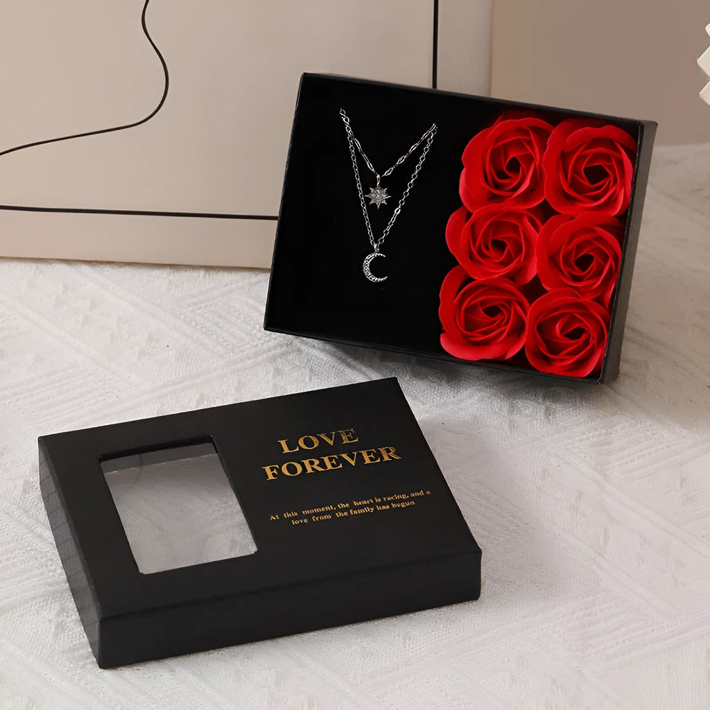 Soap flower gift set with six roses in a red Korean-style box, includes a handbag.