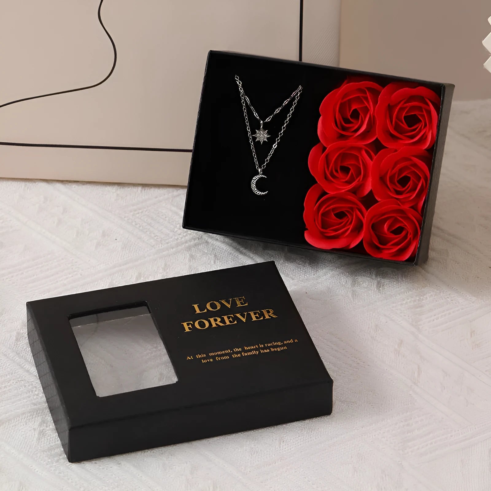 Soap flower gift set with six roses in a red Korean-style box, includes a handbag.