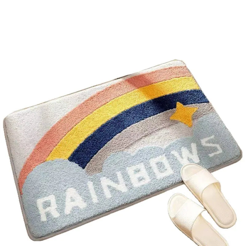 Square rainbow pattern carpet mat in sky sea colour with plastic bottom, shown in 40x60cm and 50x80cm sizes