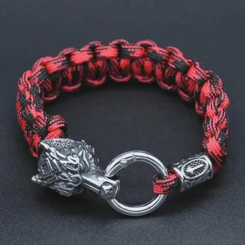 Stainless steel wolf head bracelet with Luen characters in camouflage colour.