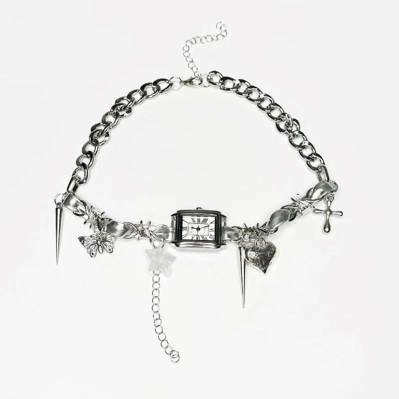 Dark multi-layer cross necklace with twin clavicle chains and adjustable 41-50cm length