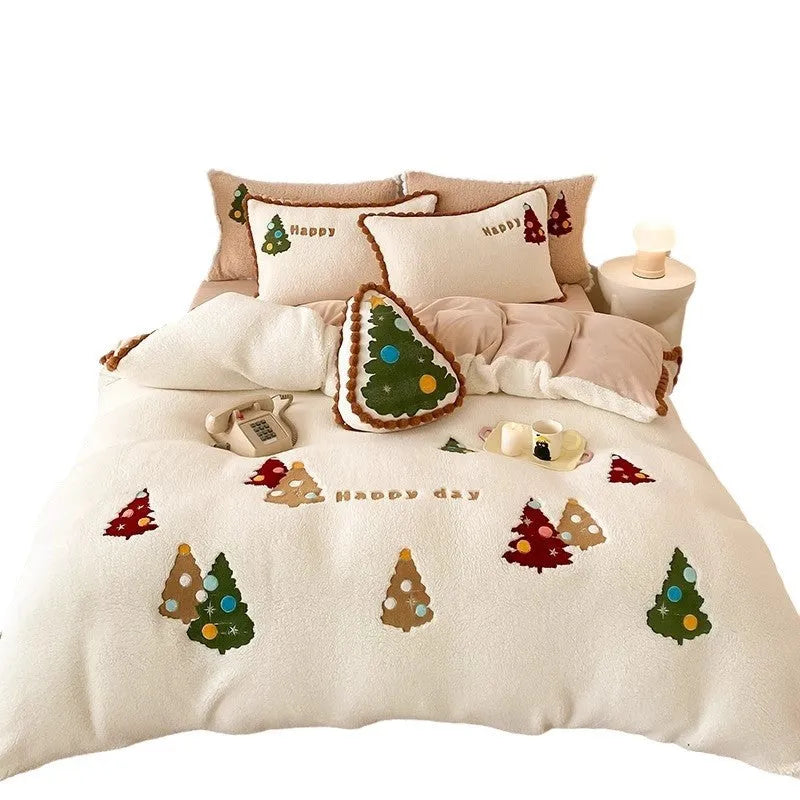Bright yellow four-piece bedding set with embroidered cartoon winter Christmas tree pattern