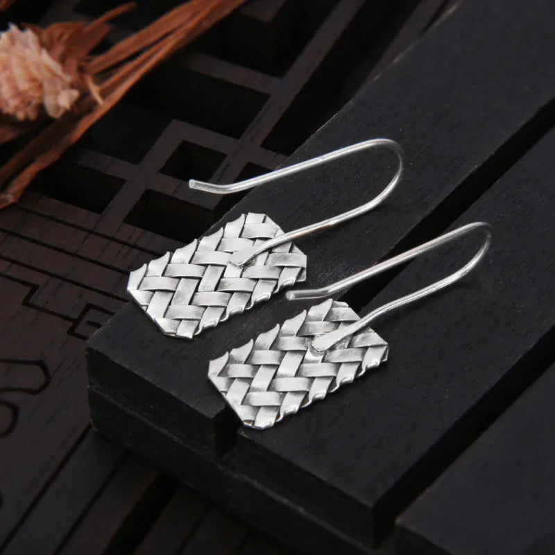 Silver geometric woven plaid drop earrings for women, 17.5mm by 11mm.