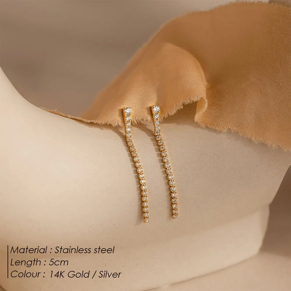 Women's stainless steel zircon earrings with geometry design and Chinese style elements in gold and steel colour options