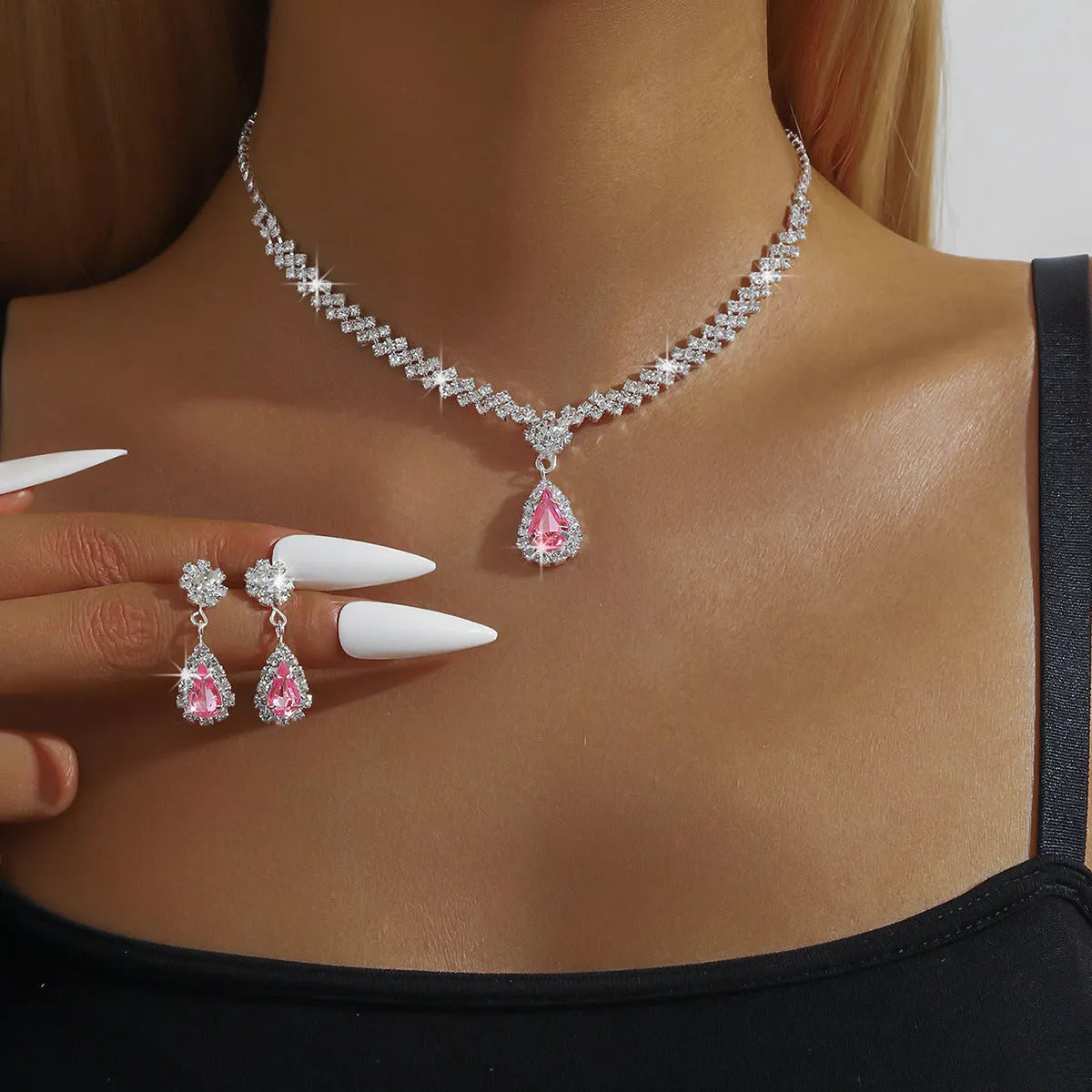 Claw chain necklace and earrings set with rhinestone water drops in multiple colour options