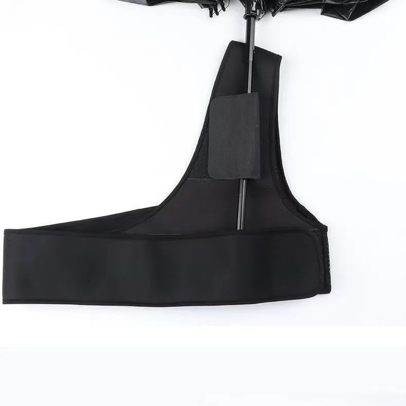 Black portable umbrella holder with shoulder strap showing diving cloth material and adjustable size options