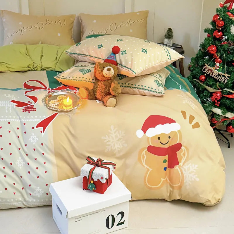 Christmas cartoon printed bedding set with super soft washed cotton showing sheet, quilt cover and pillowcases