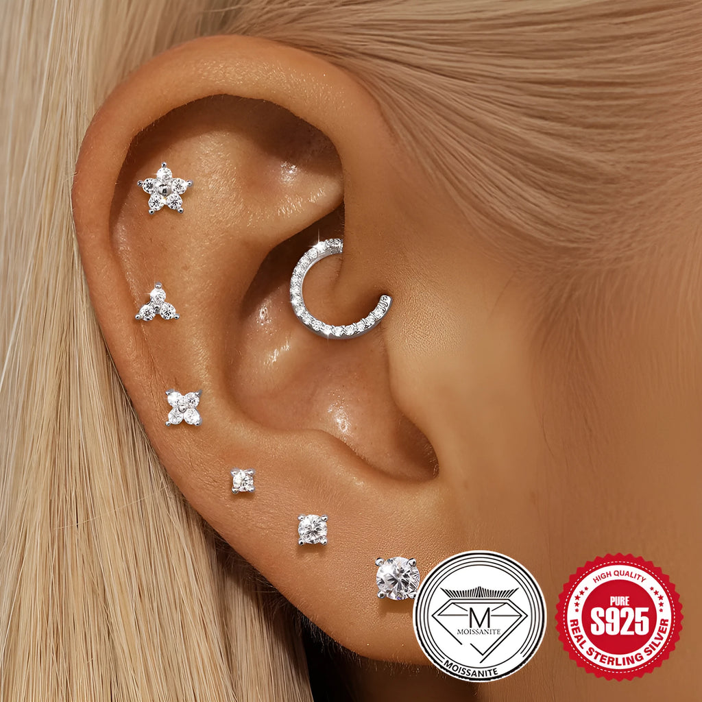 Sterling silver geometric stud earrings with petal design in platinum finish
