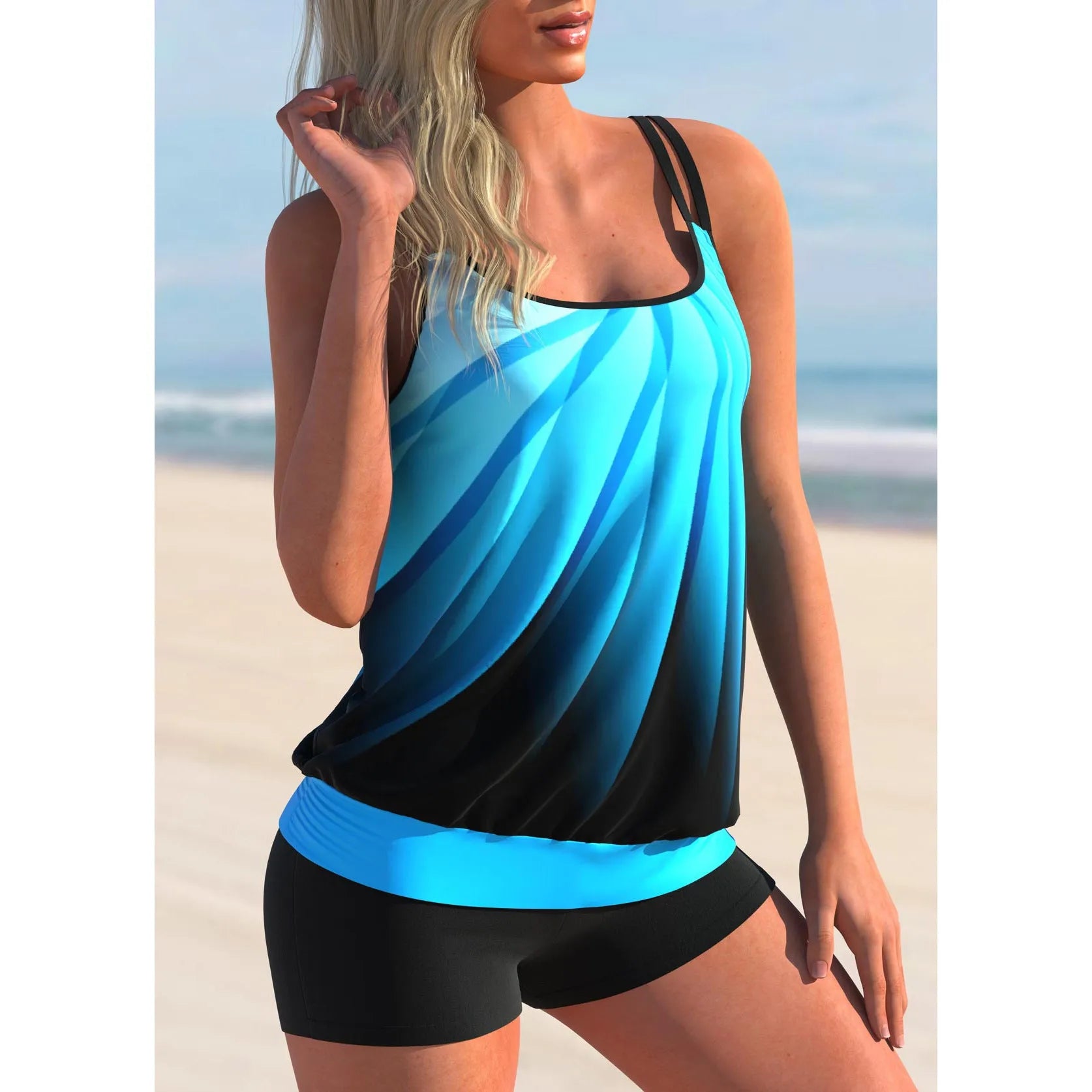 Women's plus size butterfly print swimsuit set with strap top and matching shorts