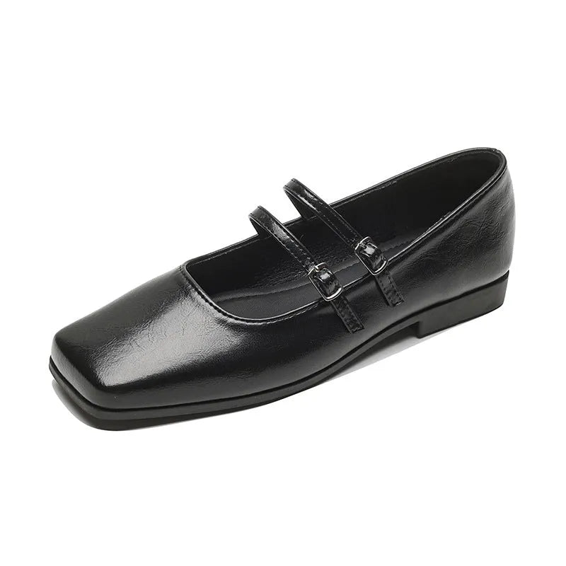 Women's silver Mary Jane ballet flats with cross buckle strap and genuine leather upper