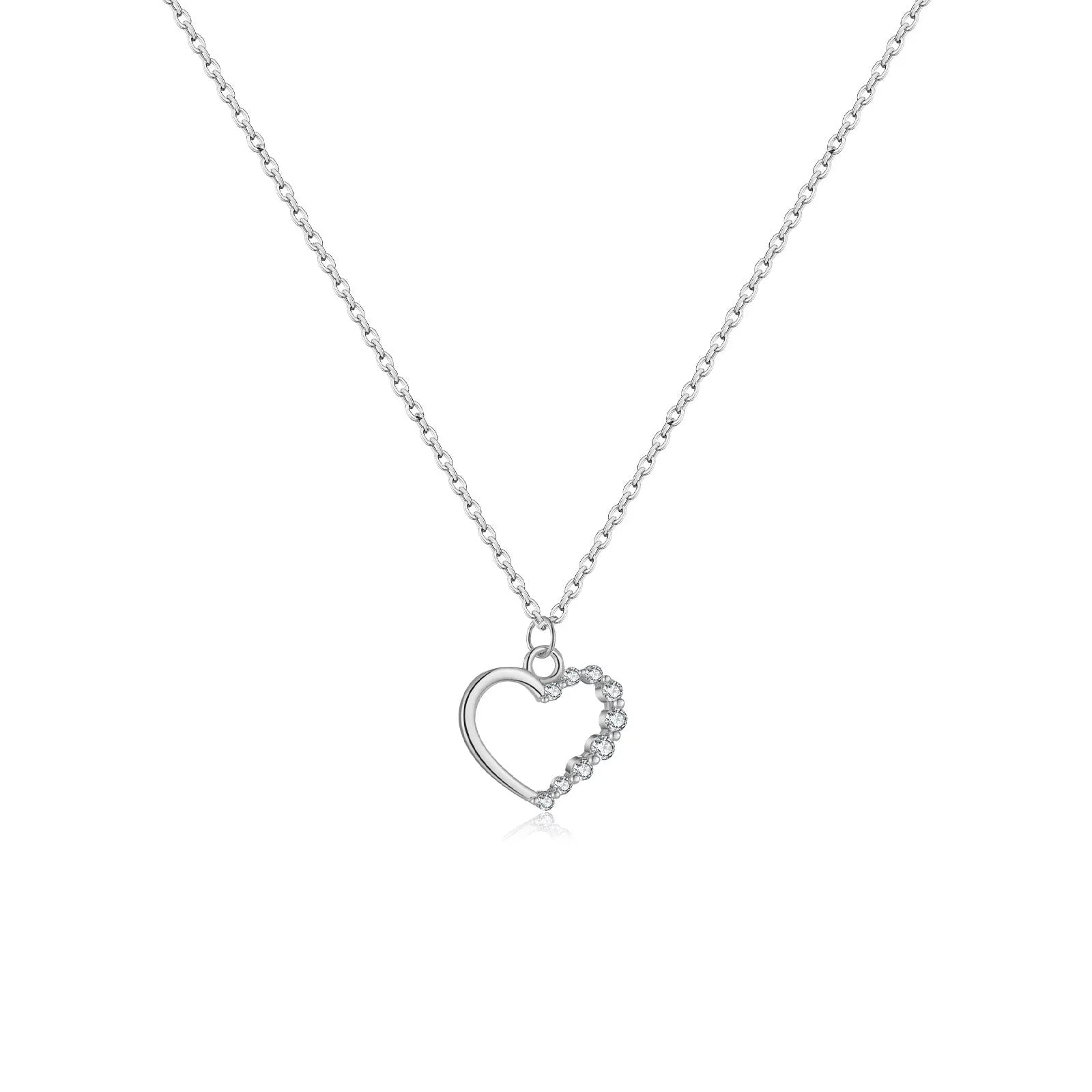 S925 sterling silver hollow heart and circle pendant necklace on a regular chain for women.