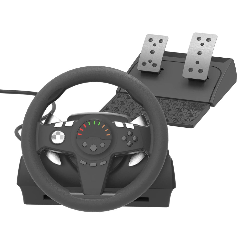 Black multi-platform gaming steering wheel with two pedals and LED displays