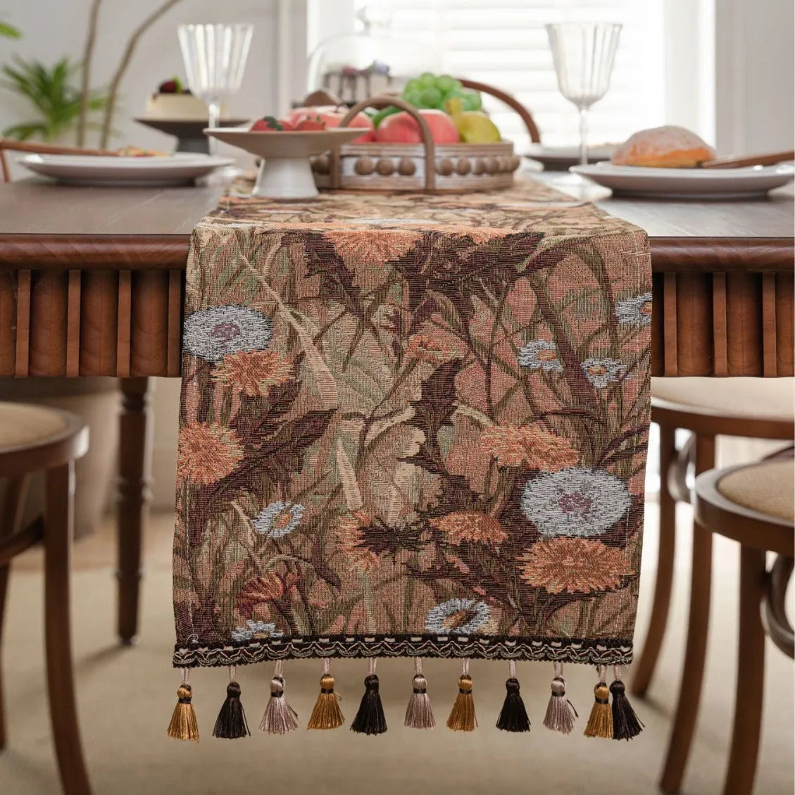 American style jacquard table runner with long tassels and floral pattern for wedding decoration