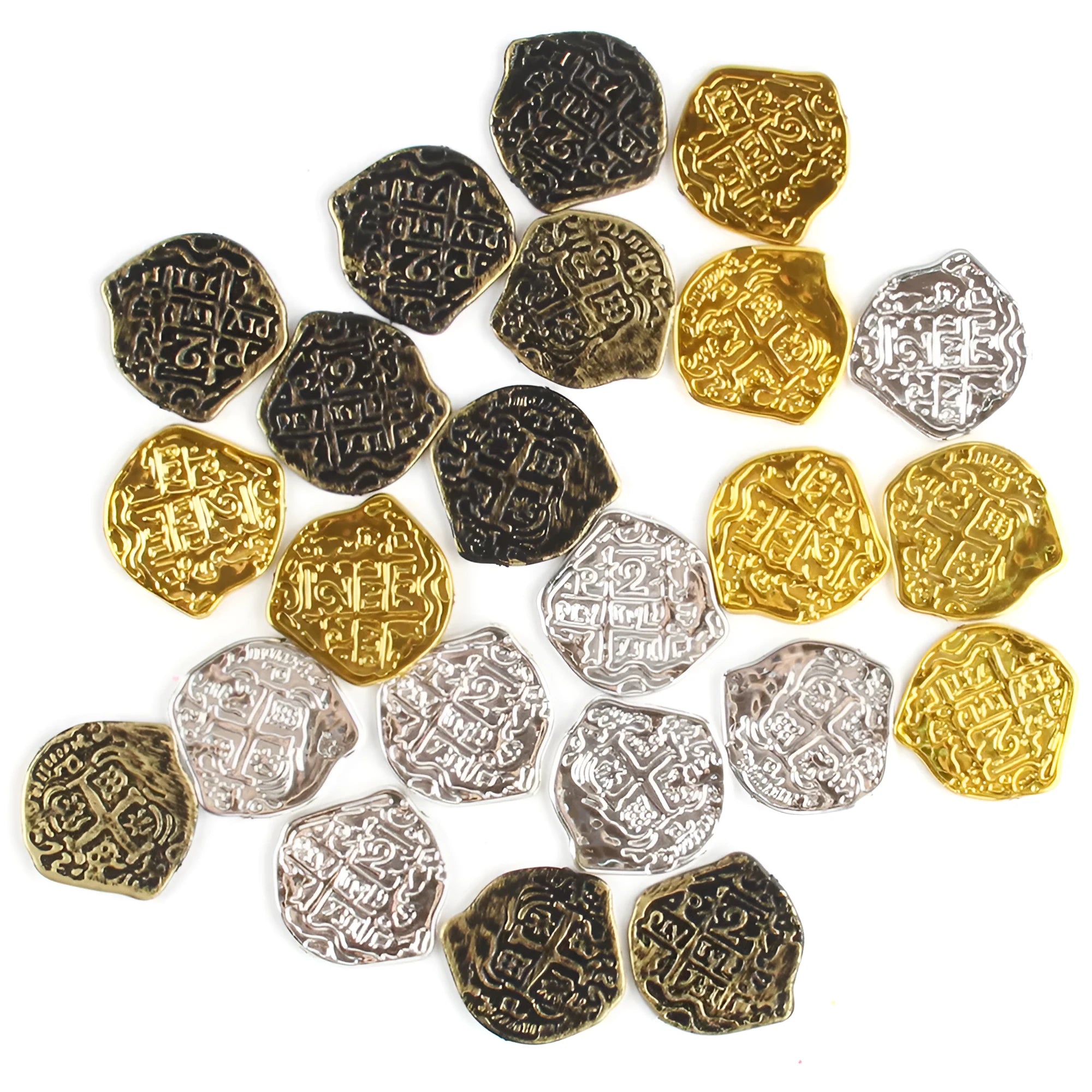 100 electroplated plastic Roman coin replicas in gold, silver, and bronze finishes for treasure chests and costumes.