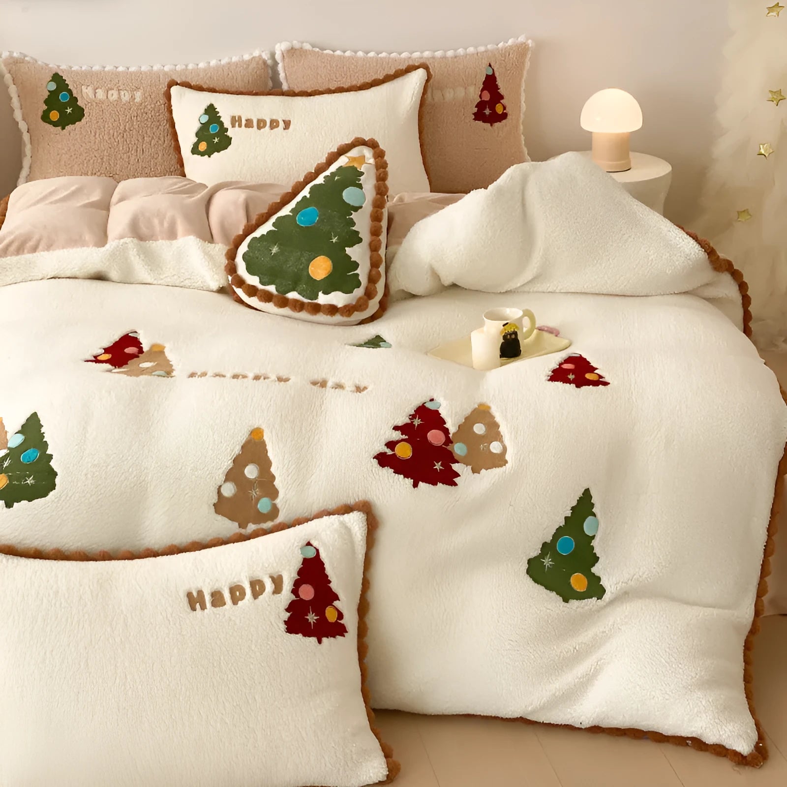 Bright yellow four-piece bedding set with embroidered cartoon winter Christmas tree pattern