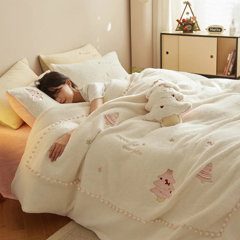Winter milk fibre bedding four-piece set with Christmas tree pattern on quilt and pillowcases