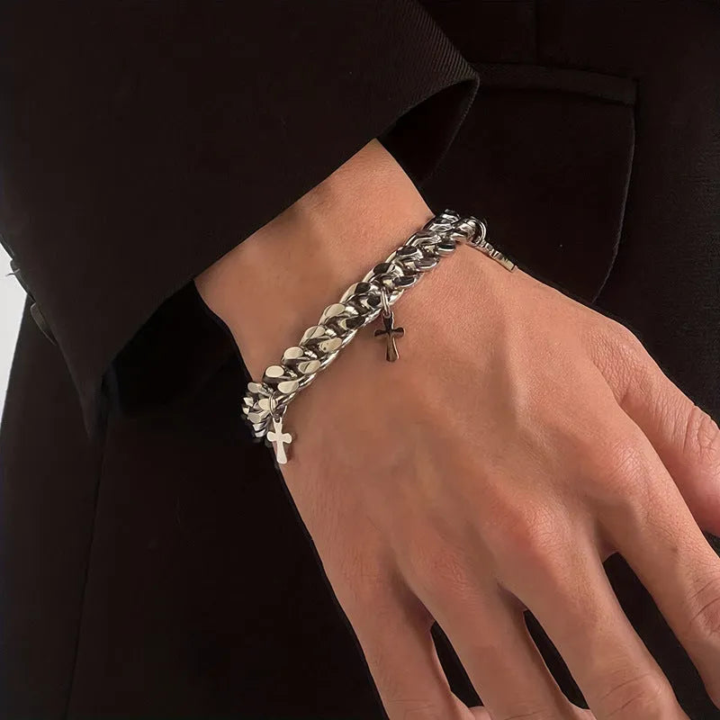 Men's geometric cross bracelet in titanium steel with cold wind style design