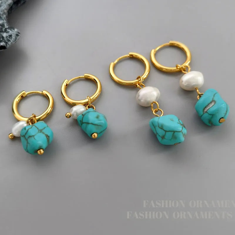 Copper geometry earrings with irregular turquoise stones and cultured pearls in short and long styles