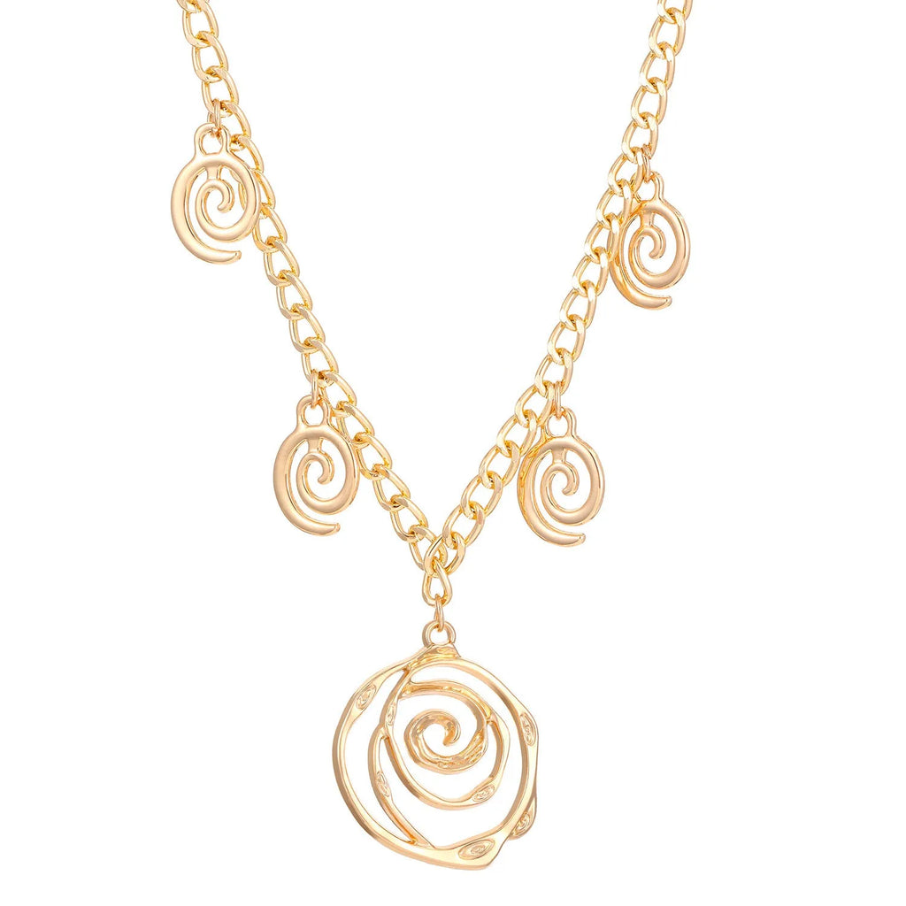 Spiral donut design women's jewellery set showing matching necklace, bracelet, and ear hooks in gold electroplated finish