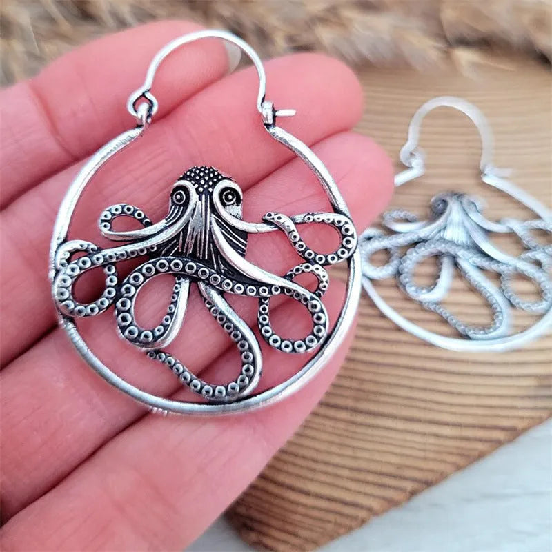 Vintage octopus earrings in antique silver colour with detailed animal zodiac design