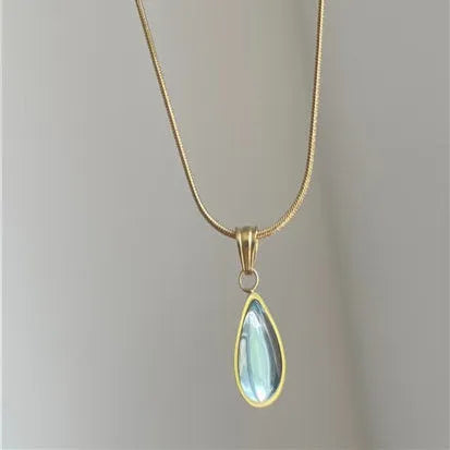 Retro water drop necklace with titanium steel chain and blue or green gemstone pendant