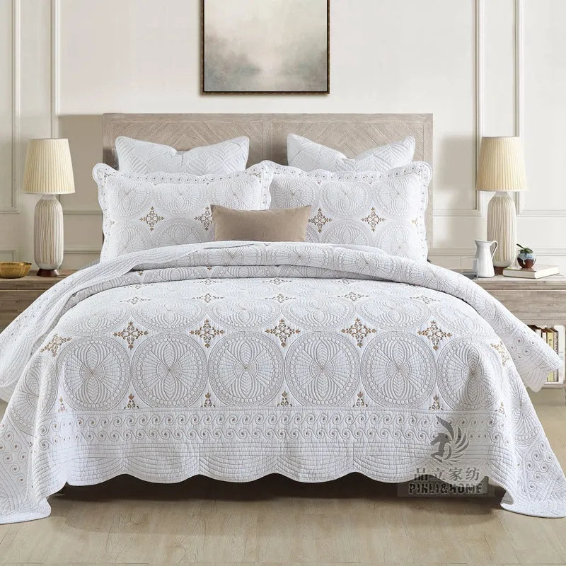 European-style cotton embroidery bed cover three-piece set with embroidered details on pure cotton fabric