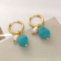 Copper geometry earrings with irregular turquoise stones and cultured pearls in short and long styles