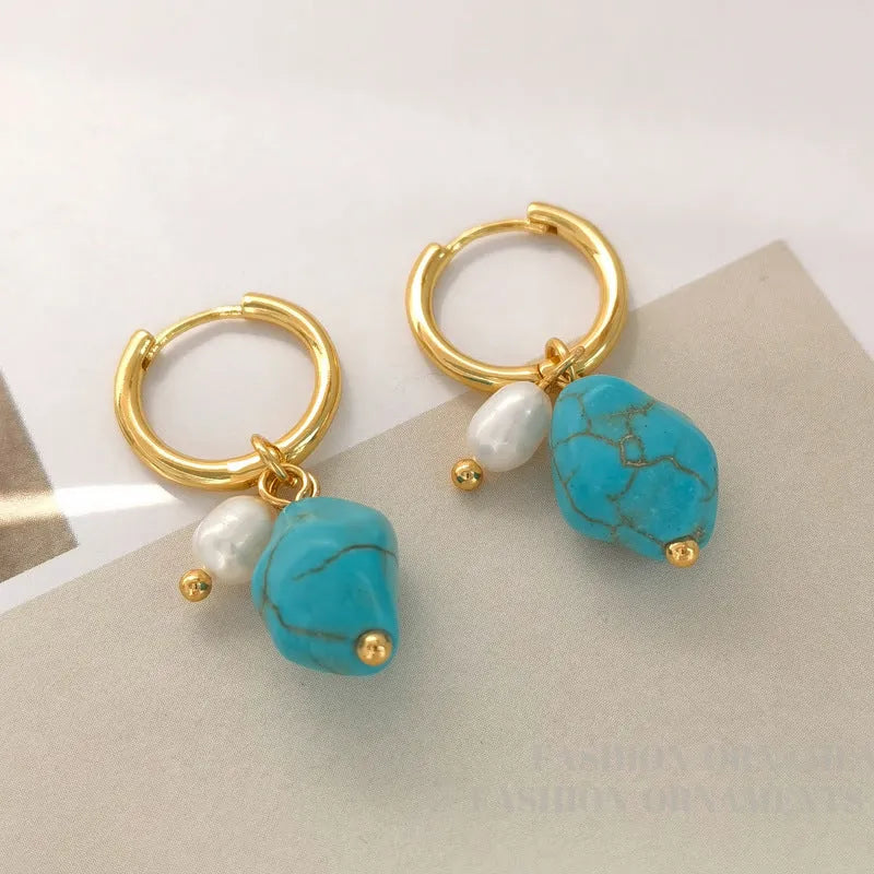 Copper geometry earrings with irregular turquoise stones and cultured pearls in short and long styles