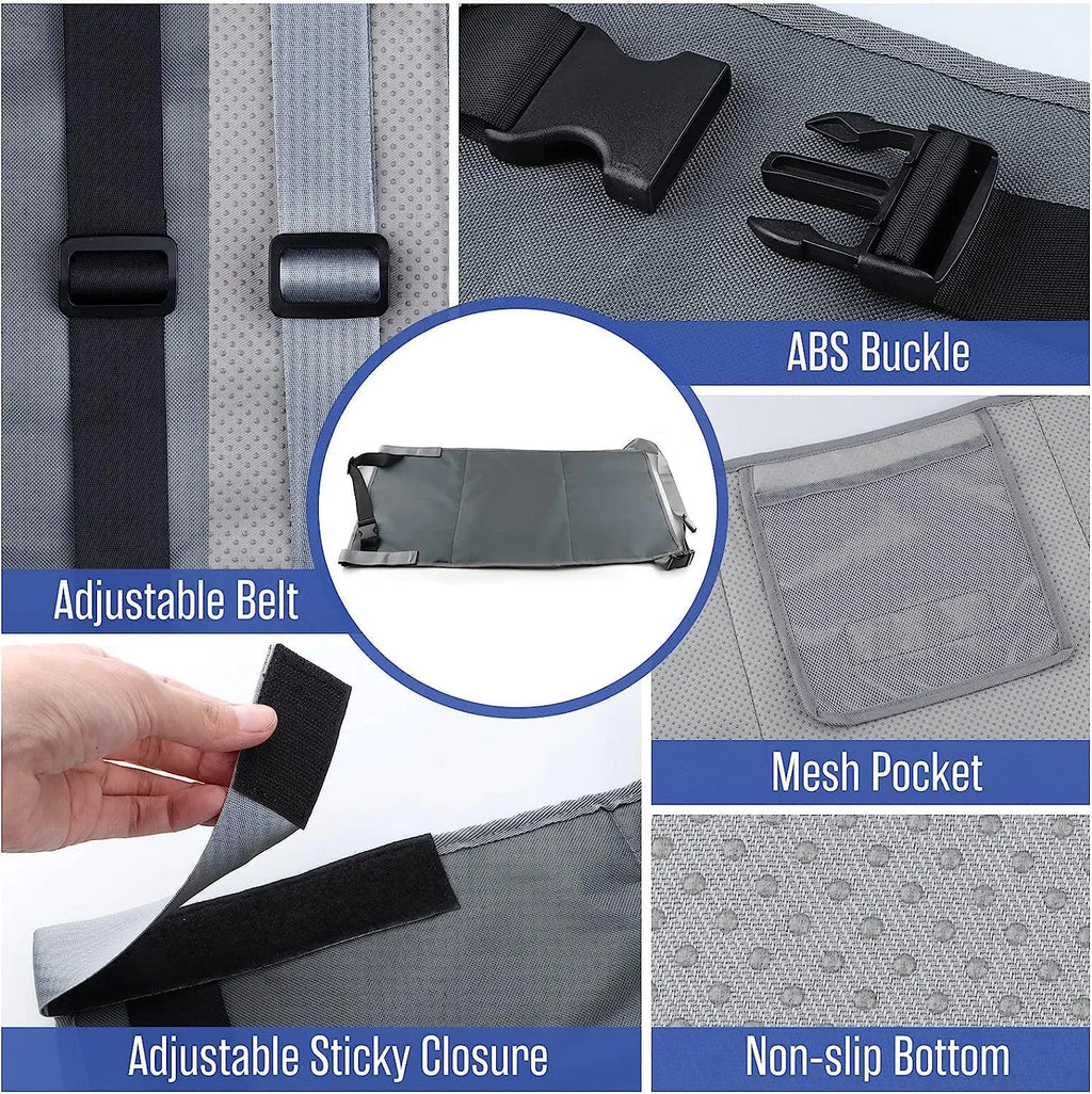 Blue portable children's aircraft pedal seat extender with matching drawstring bundle pocket for car booster seats