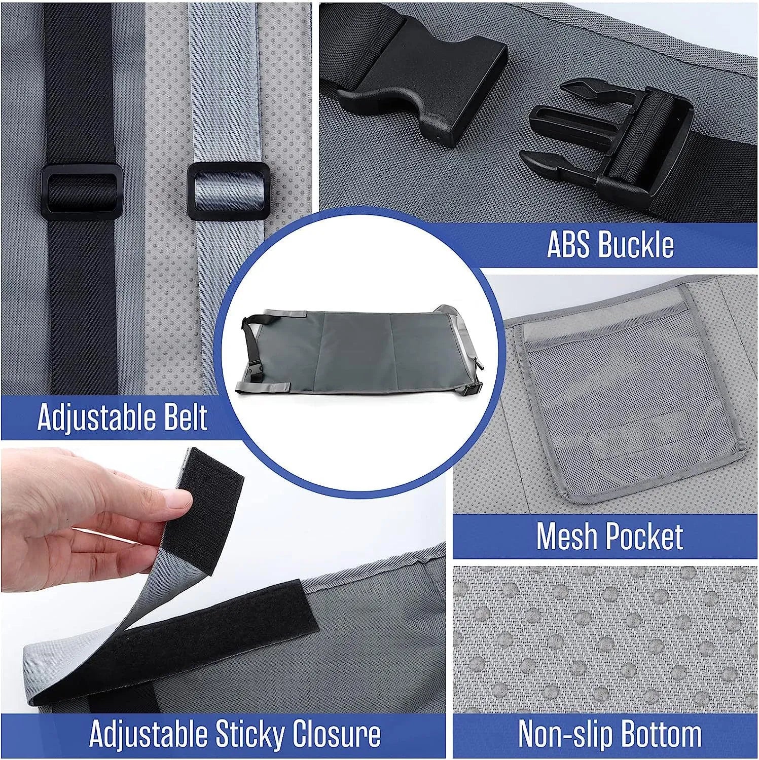 Blue portable children's aircraft pedal seat extender with matching drawstring bundle pocket for car booster seats
