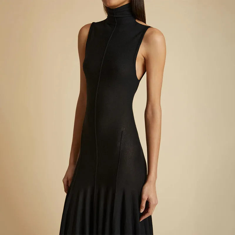 Grey slim-fit women's cotton dress with half turtleneck and backless design