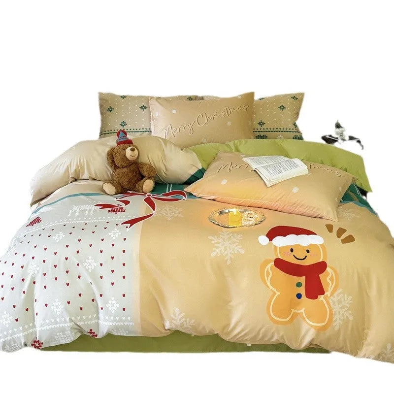 Christmas cartoon printed bedding set with super soft washed cotton showing sheet, quilt cover and pillowcases
