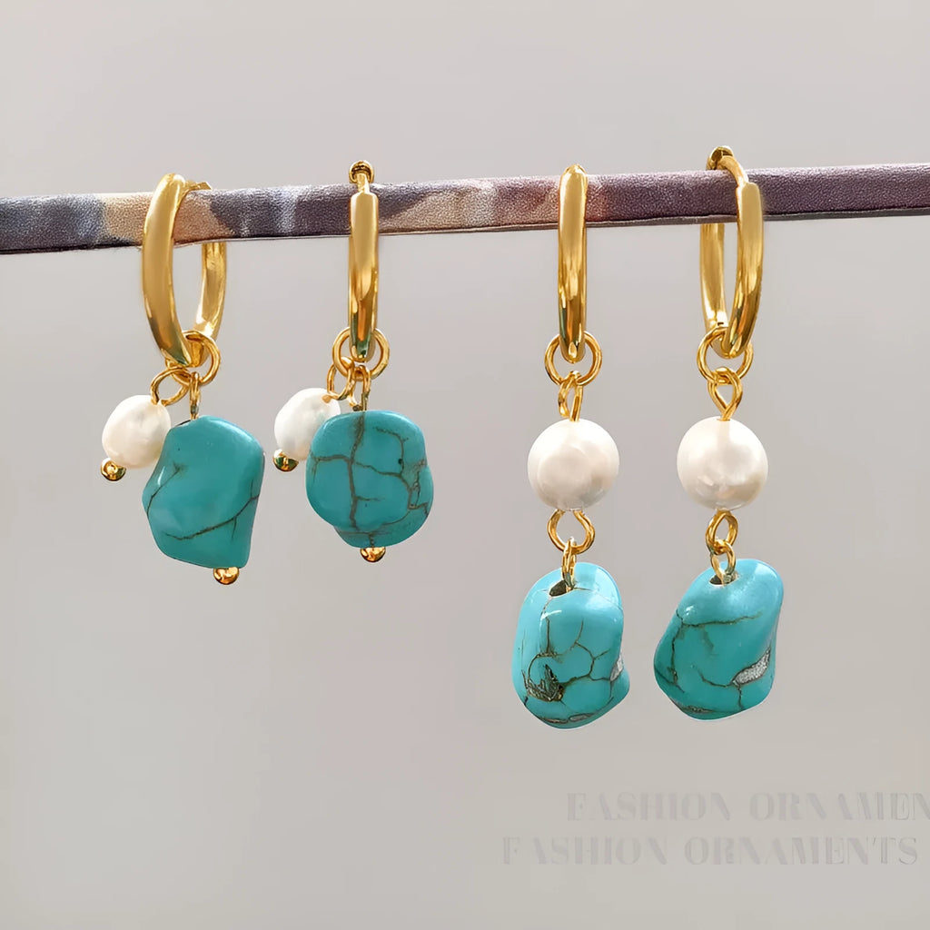 Copper geometry earrings with irregular turquoise stones and cultured pearls in short and long styles